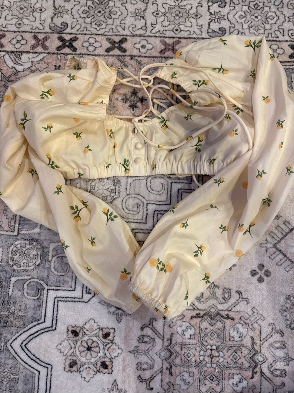 Princess Polly Cream Yellow Floral Lace-Up Puff Sleeve Crop Top